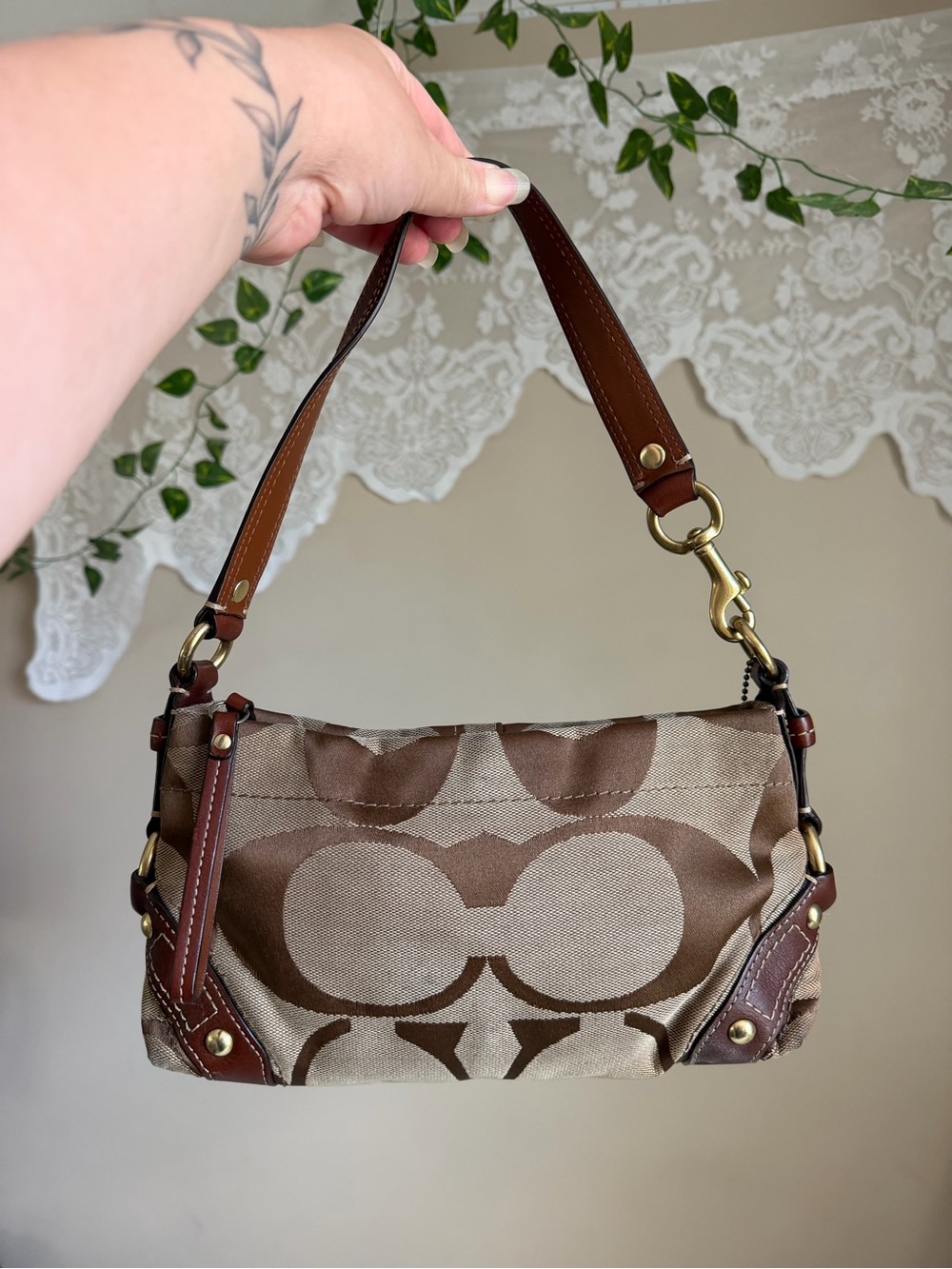 Coach Mini Carly Brown Logo-Pattern Shoulder Bag